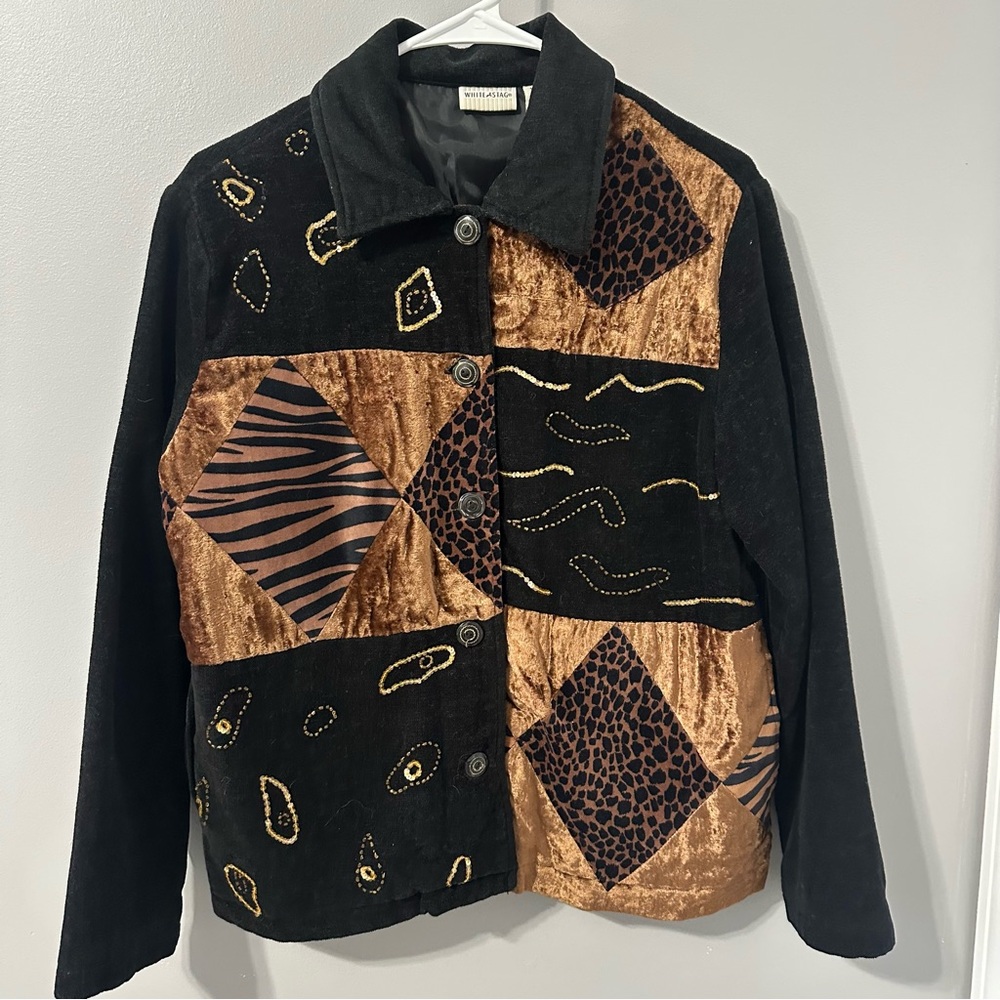 Vintage White Stag Animal Patchwork Print Beaded Jacket Size S